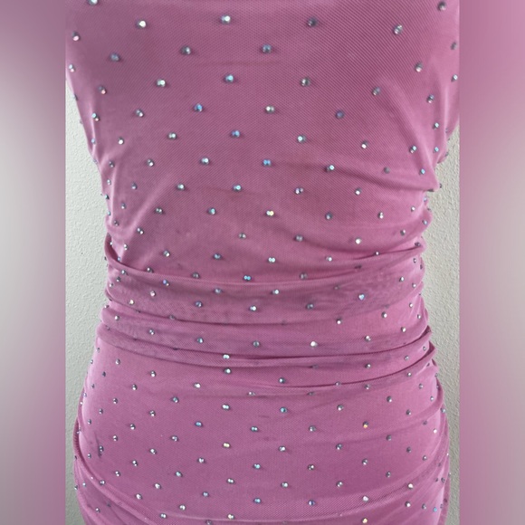 Pink Rhinestone Ruched Mini Dress - Picture 5 of 5